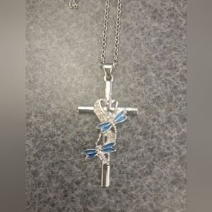 Elegant Silver and Blue Cross Pendant Necklace